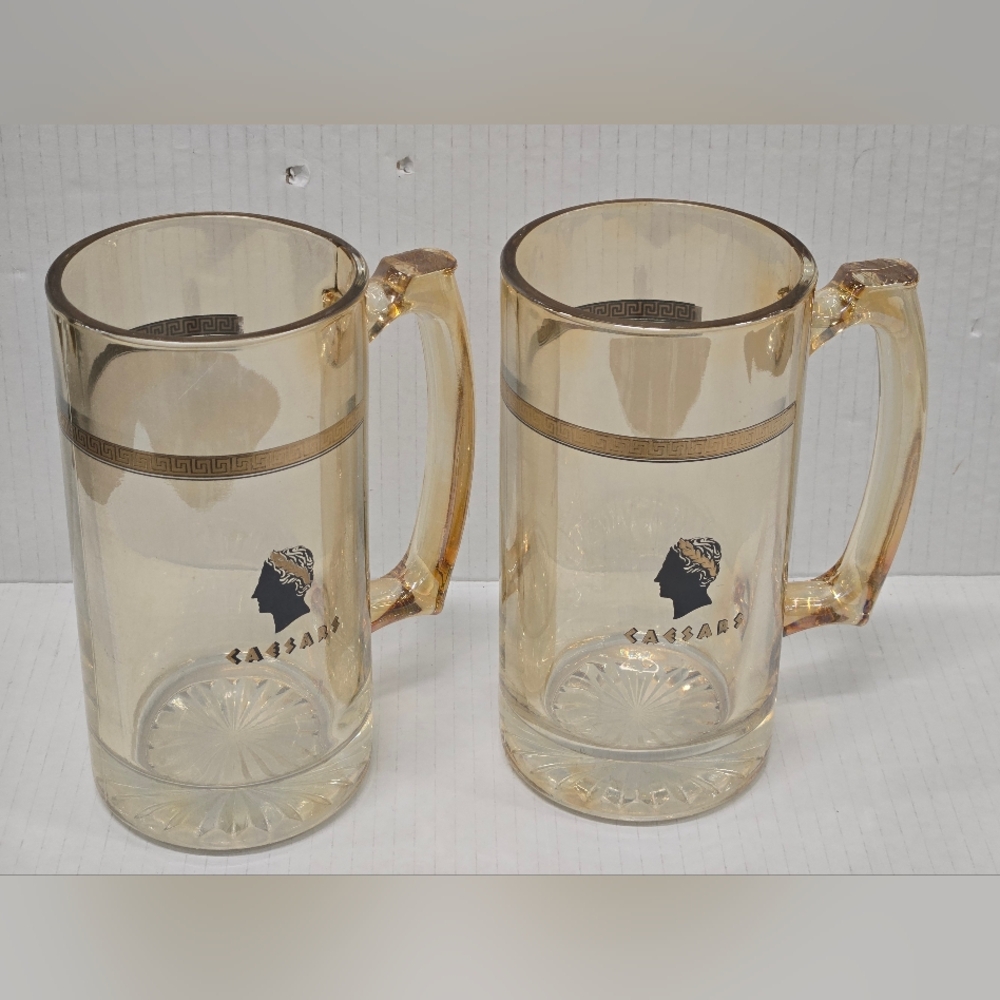 VTG‎ Caesars Palace 7" Glass Beer Mug Stein Footed Heavy Tinted Glass SET Of 2